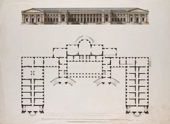 Nordansicht und Grundriss des Alexanderpalastes in Zarskoje Selo, ca. 1780er